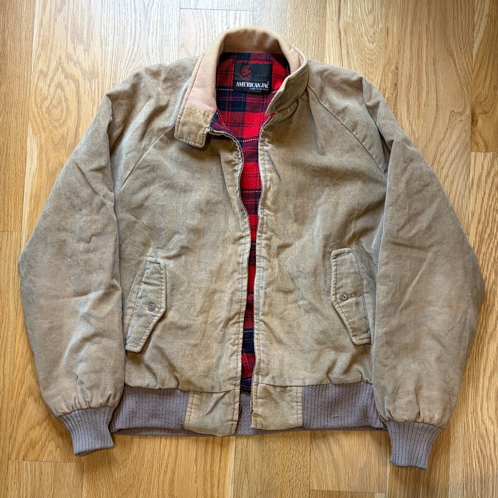 Vintage Men's Tan Jacket with Red Plaid Lining